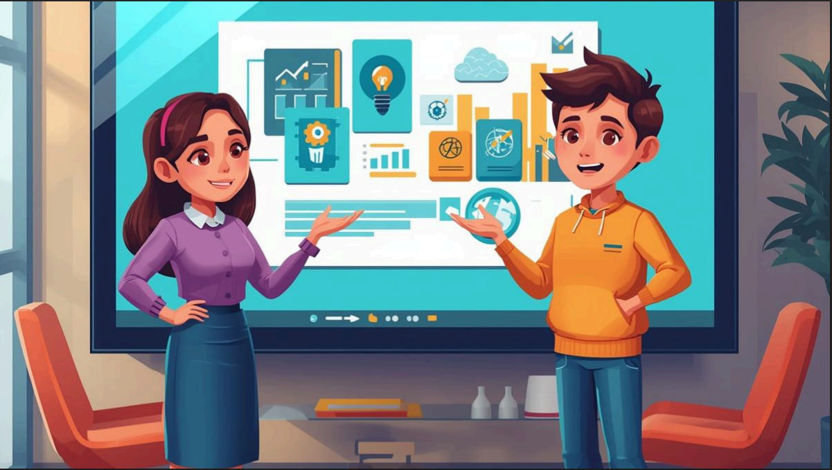 Ученица и ученик представляют проект у интерактивной доски